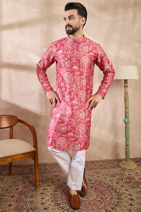 Pink Silk Blend Abstract Printed Straight Kurta With Trouser MKSET1995