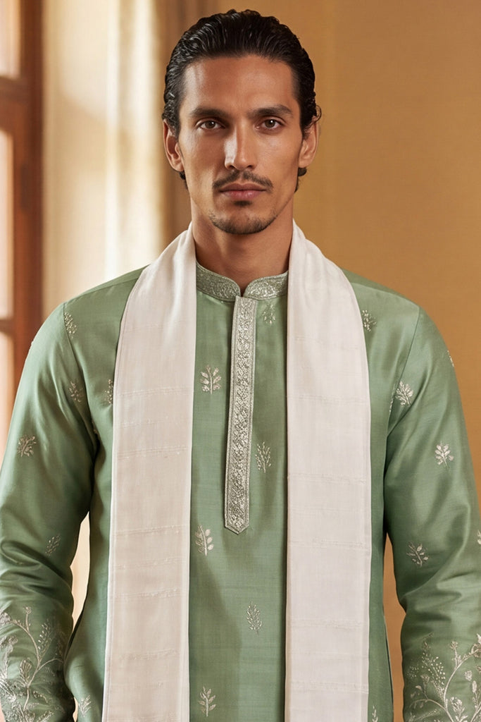 Green Silk Blend Solid Embroidered Straight Kurta Sets MKPD1783