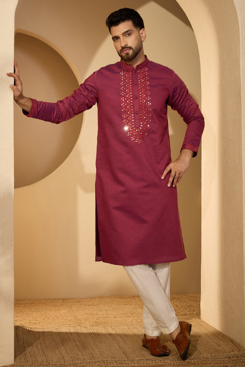 Fuchsia Jacquard Solid Embroidered Mandarin Collar Kurta MKU2720
