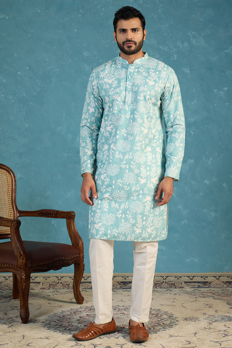 Teal Viscose Rayon Embroidered Calf Length Straight Regular Kurta MKU1765