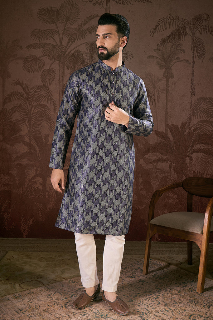 Violet Silk Blend Chevron Printed Straight Kurta With Trouser MKSET1917