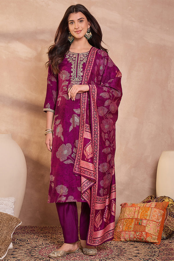 Purple Silk Blend Floral Printed Straight Kurta Trouser With Dupatta PKSKD3216
