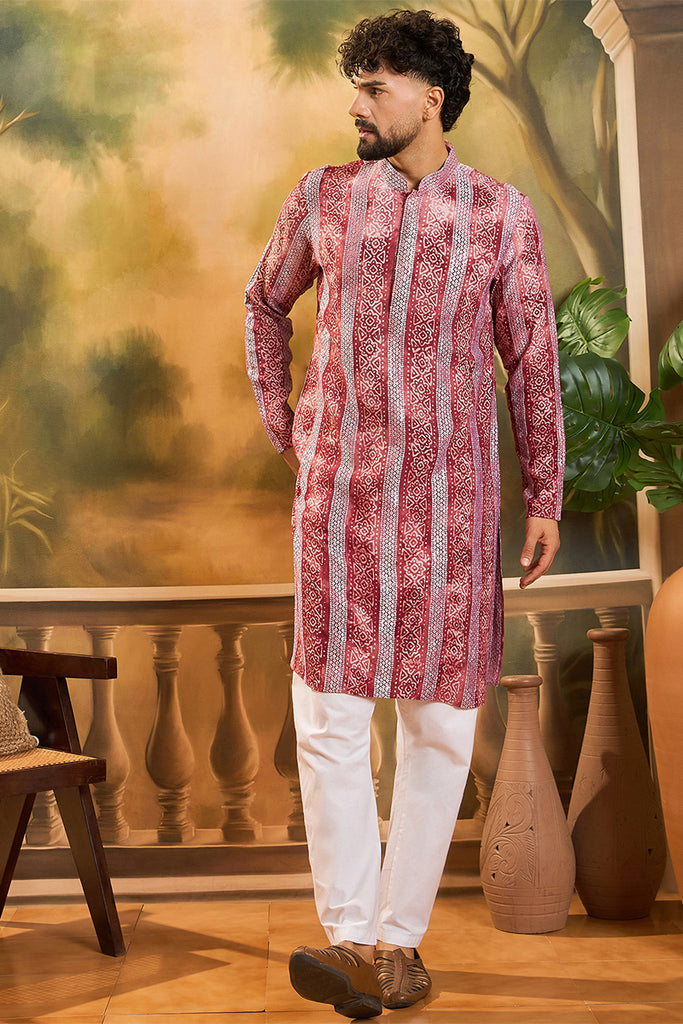 Red Viscose Rayon Batik Printed Straight Kurta MKU1482