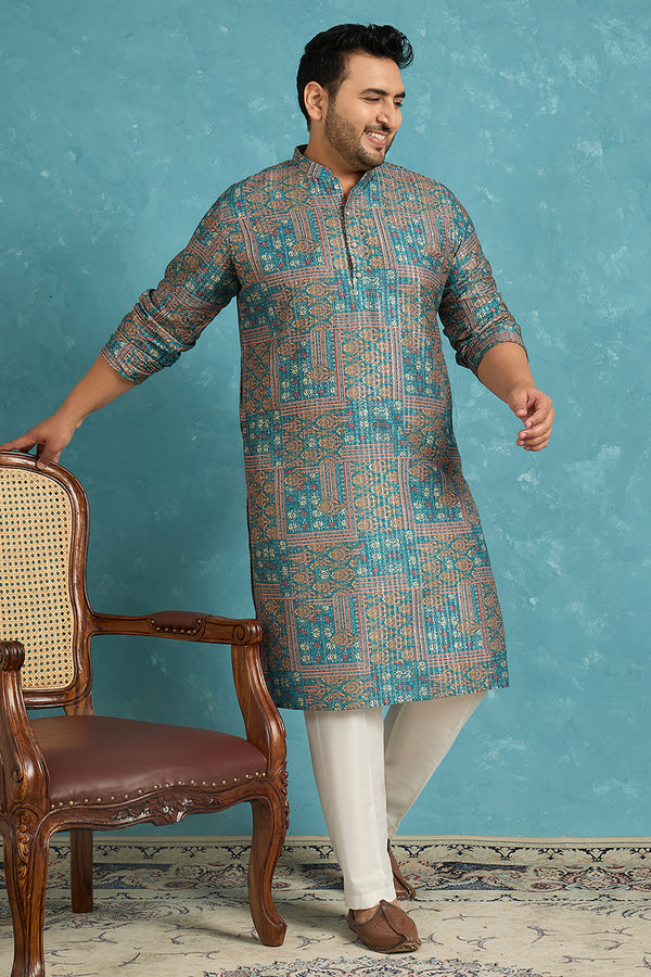 Blue Silk Blend Ethnic Motifs Printed Kurta MKU1934