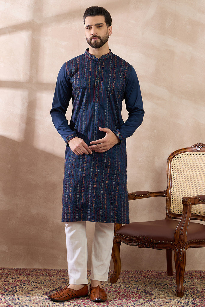 Navy Blue Silk Blend Embroidered Mandarin Collar Straight Kurta MKU2040