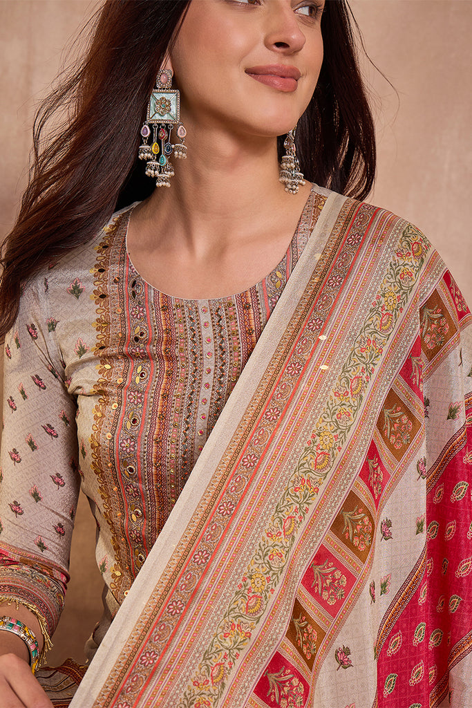 Multi Viscose Rayon Embroidered Kurta Trouser With Dupatta  HPKSKD2974