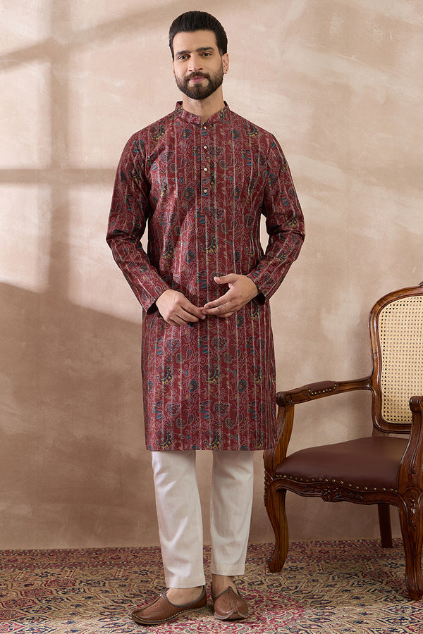Maroon Silk Blend Printed Mandarin Collar Straight Kurta With Trouser MKSET2025