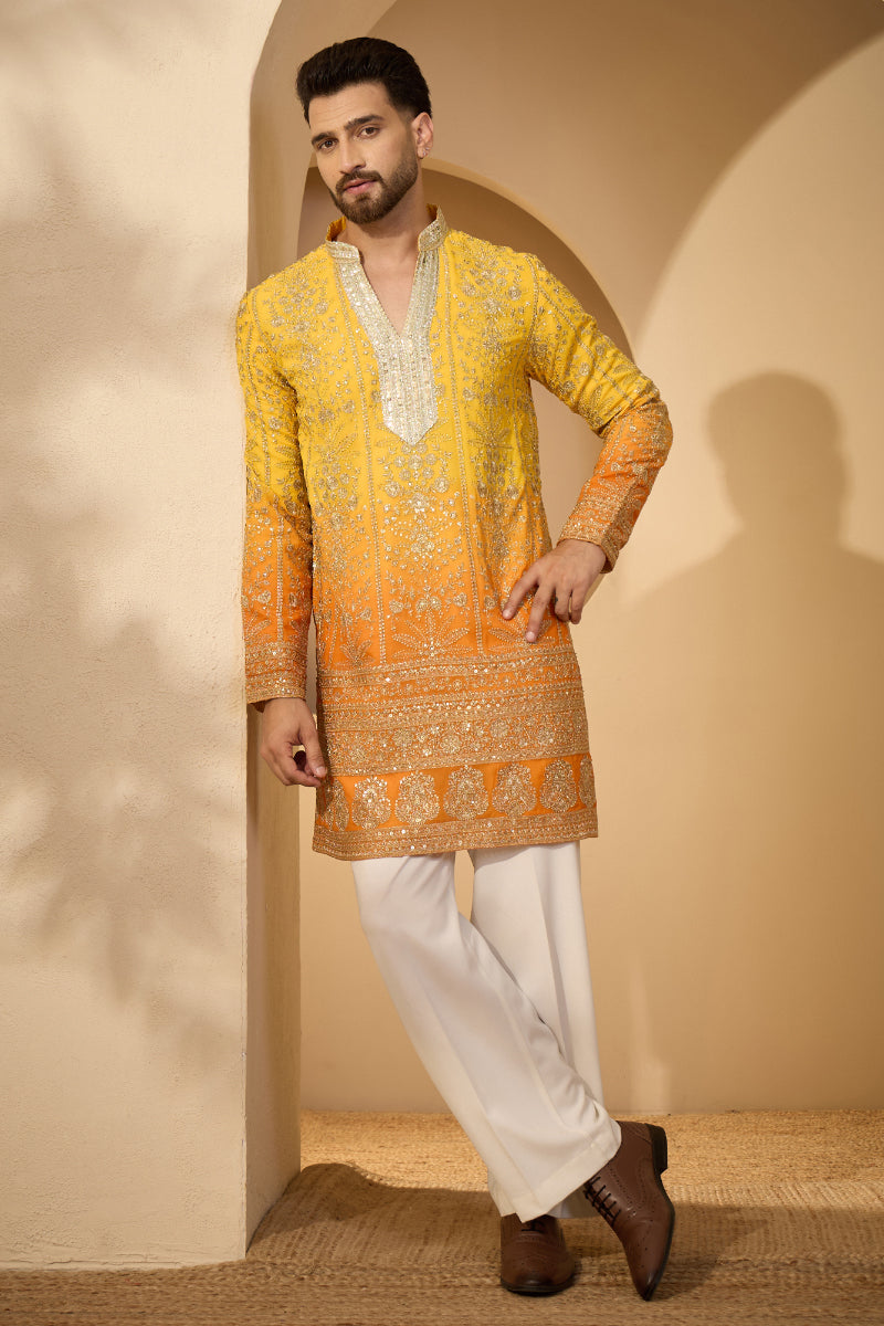 Yellow Georgette Solid Embroidered V-Neck Kurta MKU2585