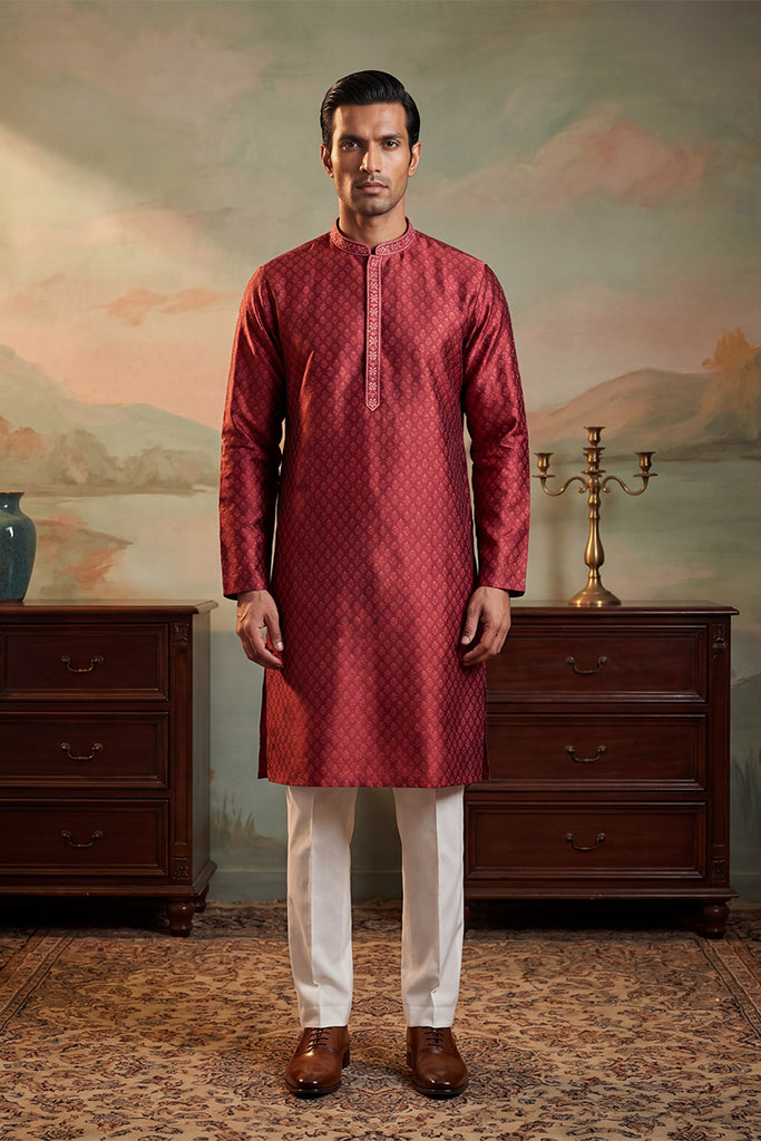 Maroon Jacquard Woven Design Straight Kurta With Trouser MKSET2342