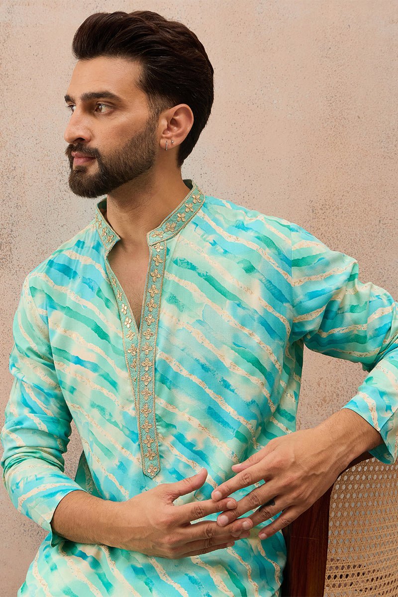 Turquoise Blue Viscose Rayon Leheriya Printed Kurta With Trouser MKSET2761