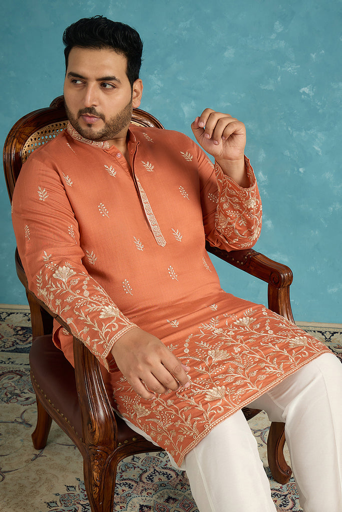 Peach Silk Blend Solid Thread Work Embroidered Kurta MKU1935