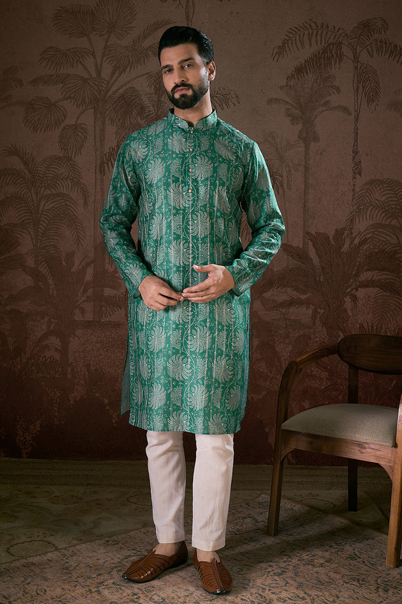 Teal Silk Blend Floral Printed Straight Kurta MKU1971