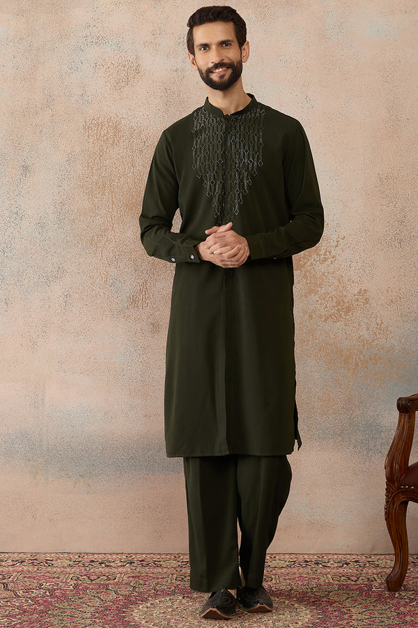 Green Silk Blend Ethnic Motifs Printed Kurta With Trouser MKSET2391