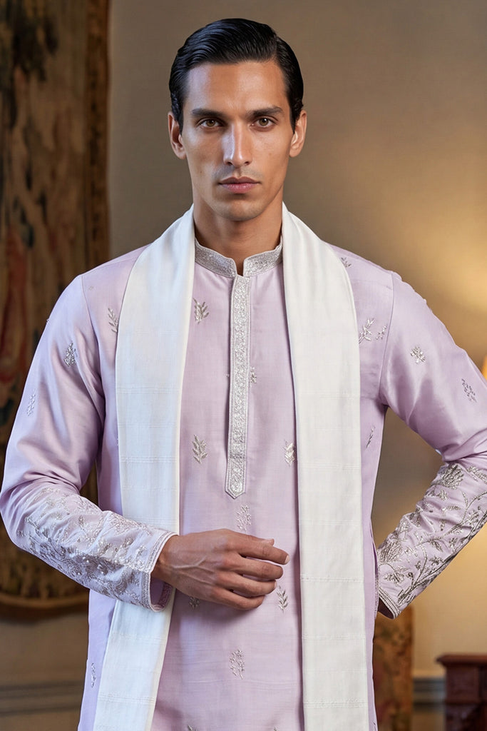 Lavender Silk Blend Floral Embroidered Straight Kurta Sets MKUD1781