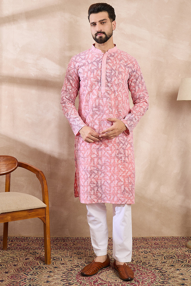 Pink Viscose Rayon Ethnic Motifs Embroidered Straight Kurta With Trouser MKSET1654