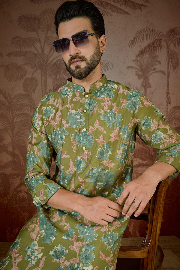 Green SIlk Blend Floral Printed Kurta MKU2537