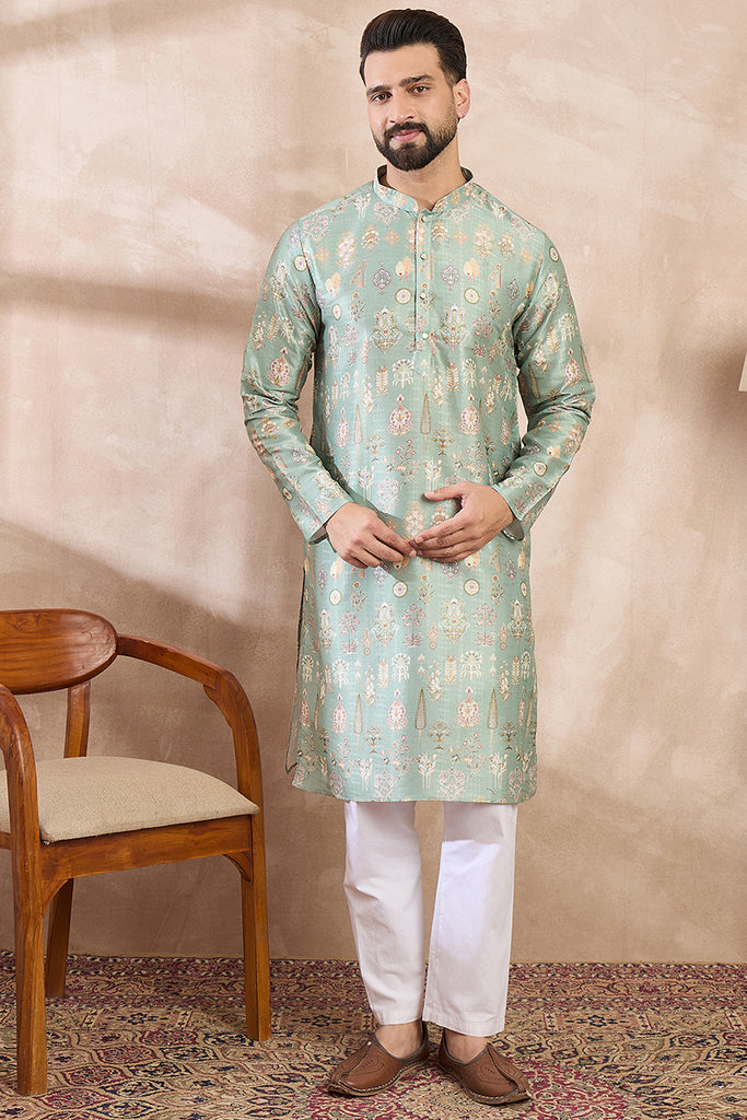 Green Silk Blend Floral Printed Straight Kurta With Trouser MKSET2011