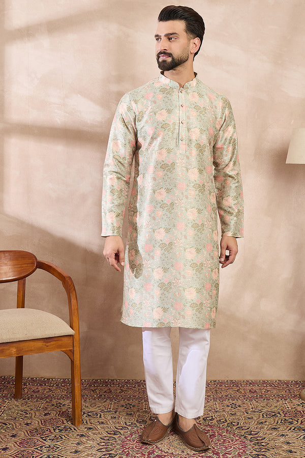 Green Silk Blend Floral Printed Straight Kurta MKU1968