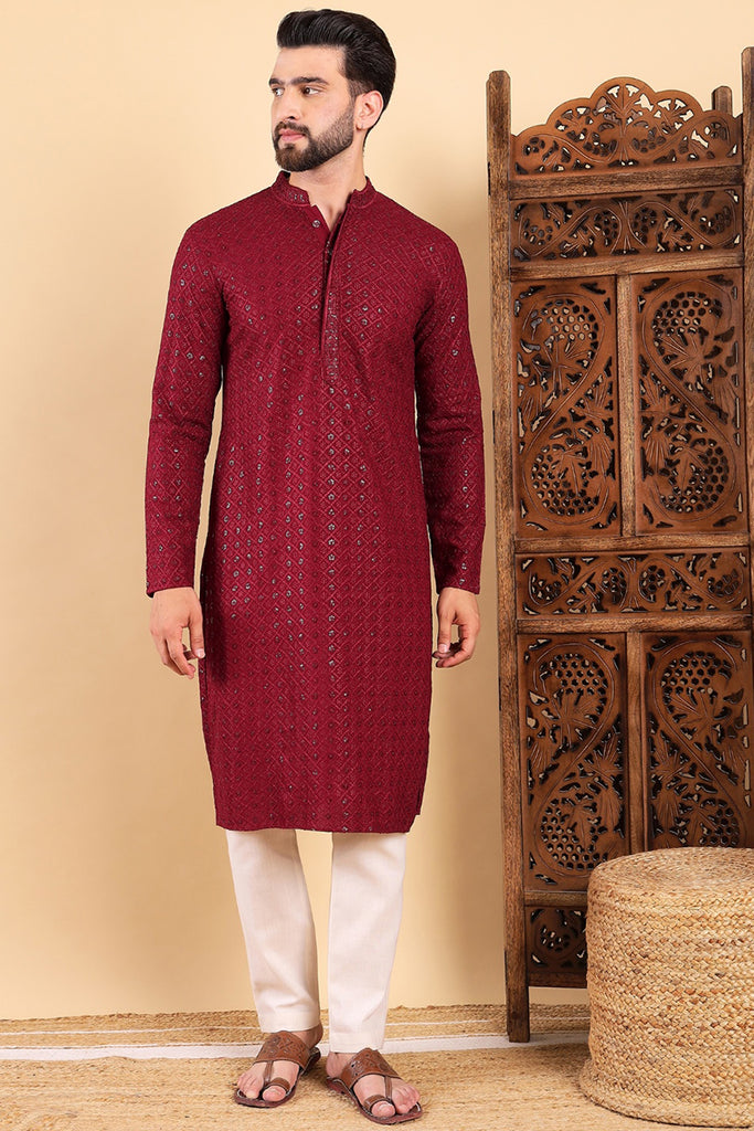 Maroon Viscose Rayon Solid Embroidered Straight Kurta For Men MKU1007MRN