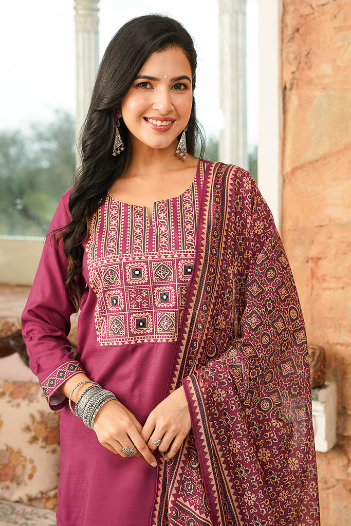 Purple Cotton Blend Ajrakh Printed Straight Kurta Trousers With Dupatta PKSKD3064