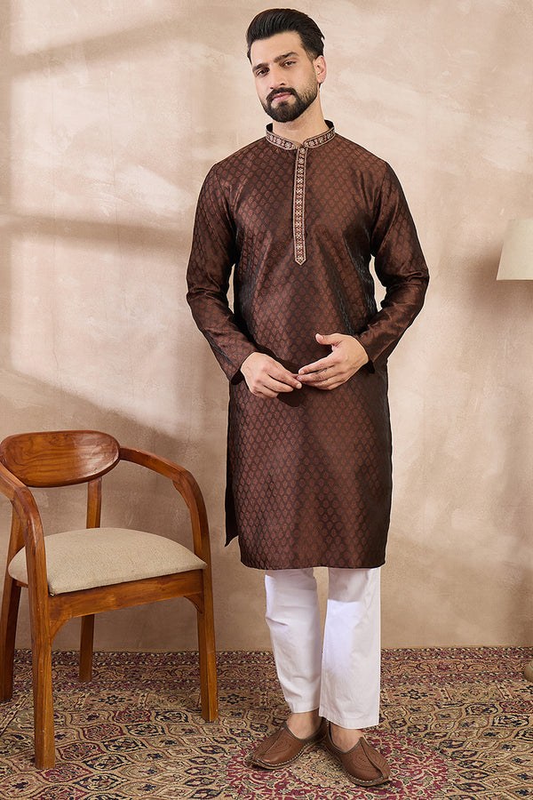 Brown Silk Blend Solid Woven Design Straight Kurta With Trouser MKSET1855
