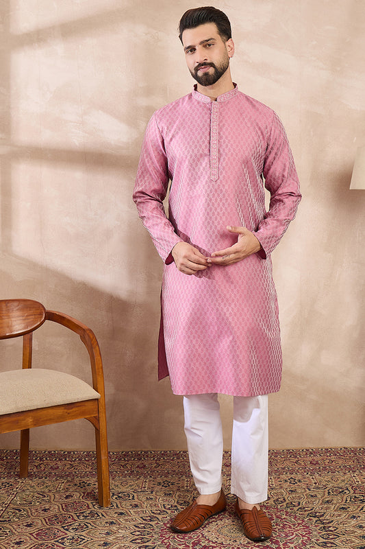 Pink Silk Blend Solid Woven Design Straight Kurta MKU1898