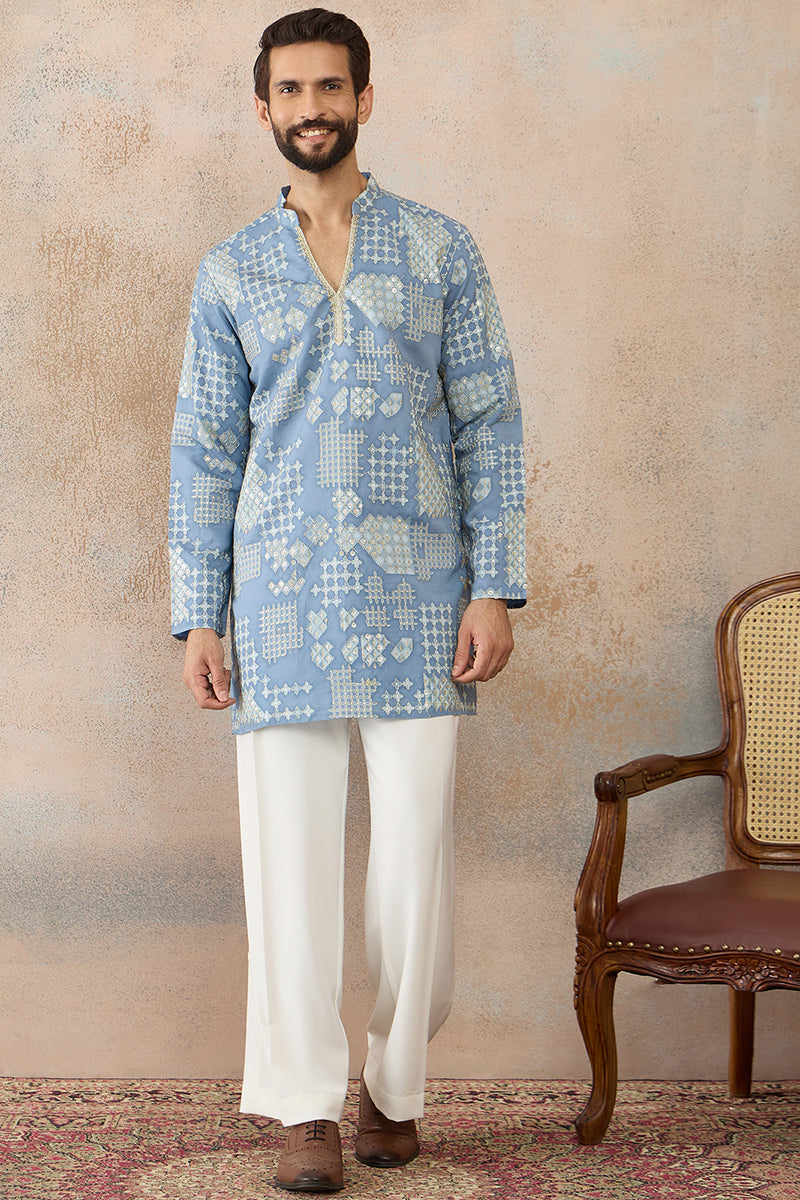 Blue Silk Blend Solid Embroidered Kurta MKU2454
