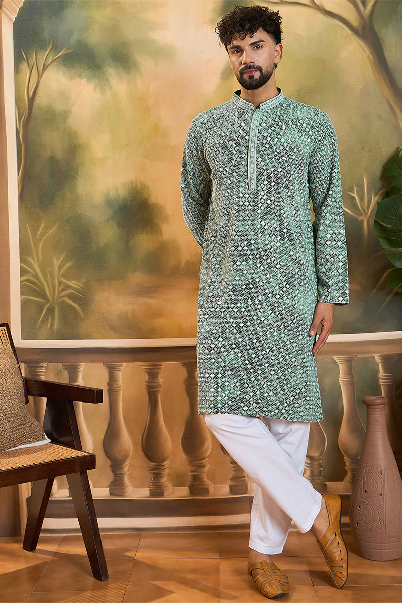 Green Viscose Rayon Shibori Embroidered Straight Kurta with Trouser MKSET1485