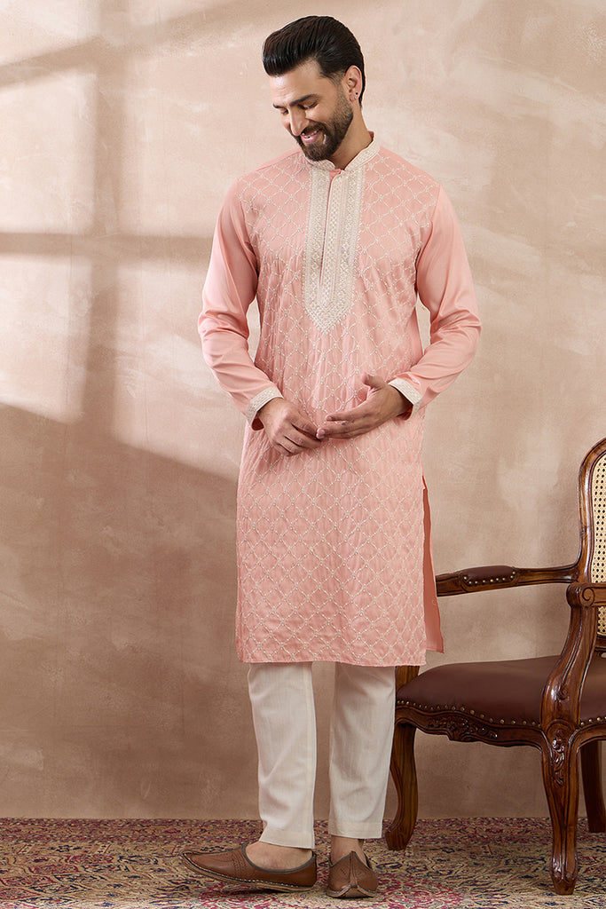 Pink Silk Blend Embroidered Mandarin Collar Straight Kurta With Trouser MKSET1692