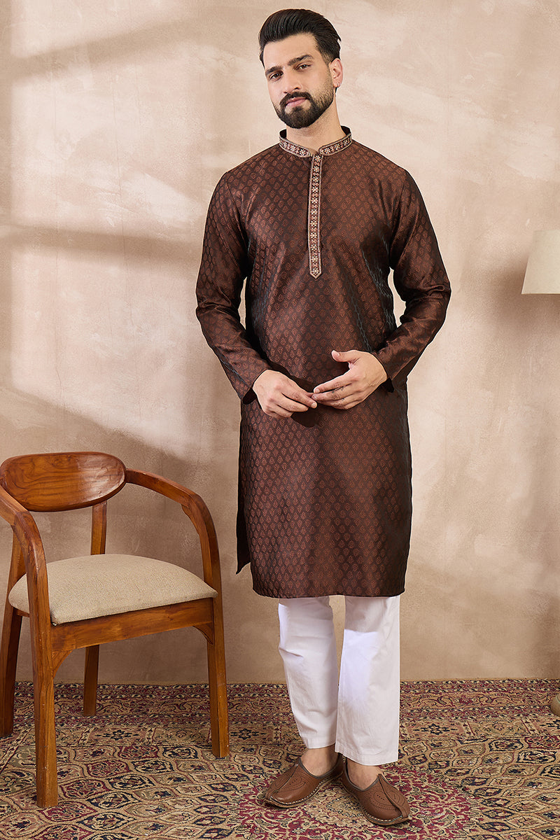 Brown Silk Blend Solid Woven Design Straight Kurta MKU1855