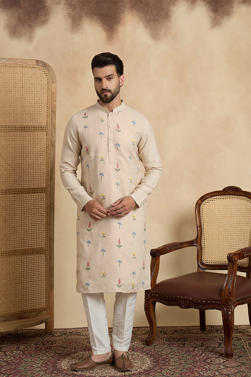 Beige Linen Solid Embroidered Thread Work Kurta With Trouser MKSET2462