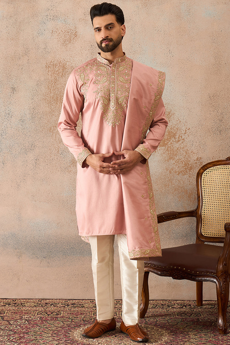 Pink Zari Embroidered Silk Blend Kurta with Trousers & Dupatta MKPD1045