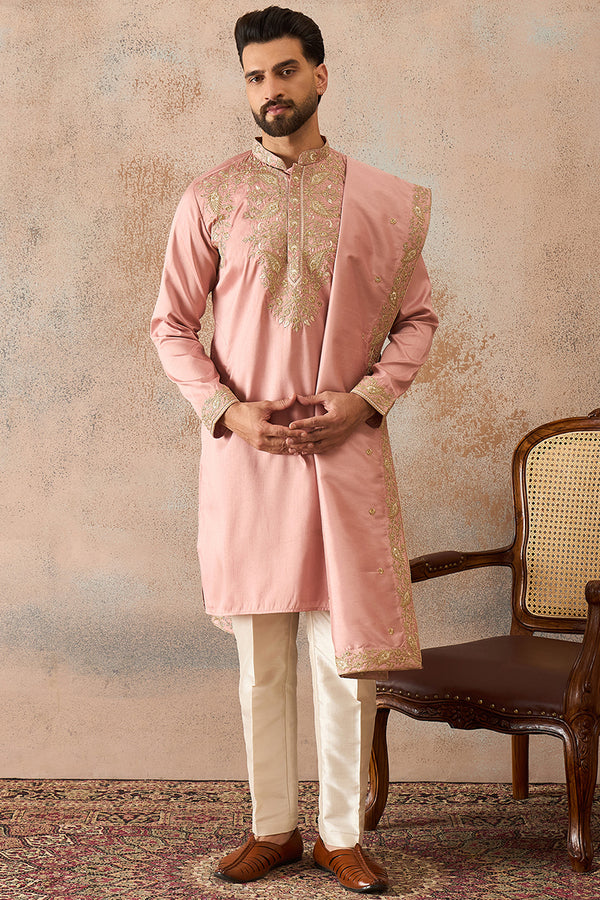 Pink Zari Embroidered Silk Blend Kurta with Trousers & Dupatta MKPD1045