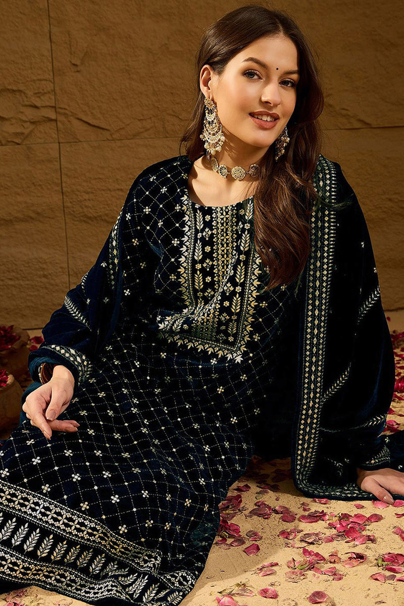 Blue Velvet Ethnic Motifs Printed Straight Trousers Suit Set PKSKD2886