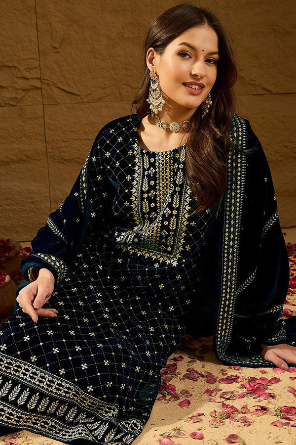 Blue Velvet Ethnic Motifs Printed Straight Trousers Suit Set PKSKD2886