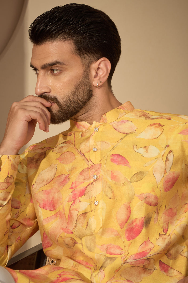 Yellow Silk Blend Floral Printed Mandarin Collar Kurta MKU2699