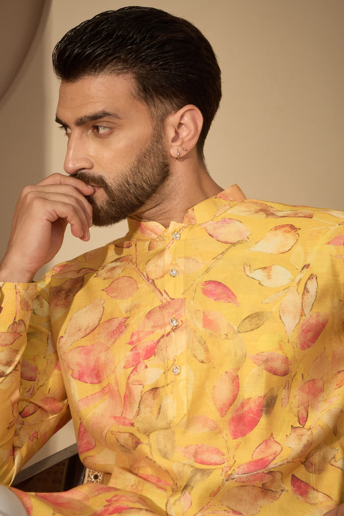 Yellow Silk Blend Floral Printed Mandarin Collar Kurta MKU2699