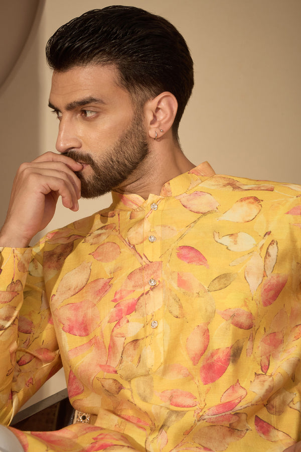 Yellow Silk Blend Floral Printed Mandarin Collar Kurta MKU2699