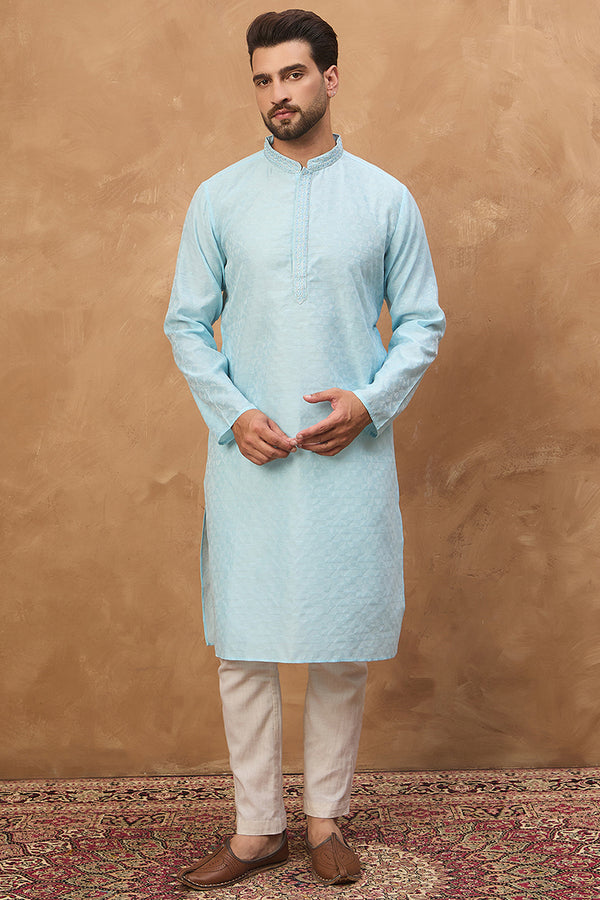 Blue Silk Blend Solid Embroidered Straight Kurta MKU1452