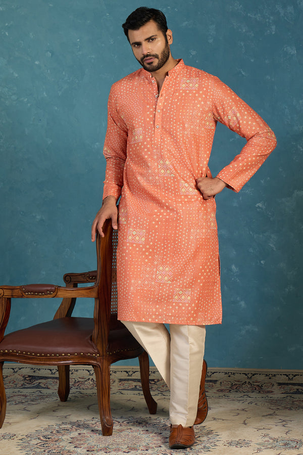 Orange Linen Blend Bandhani Printed Kurta With Trouser MKSET2638