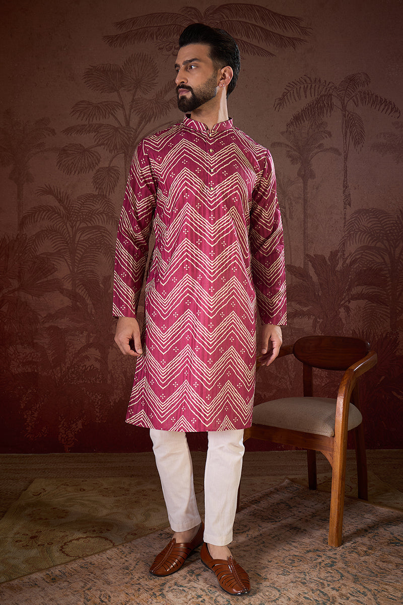 Magenta Silk Blend Chevron Printed Straight Kurta With Trouser MKSET1940