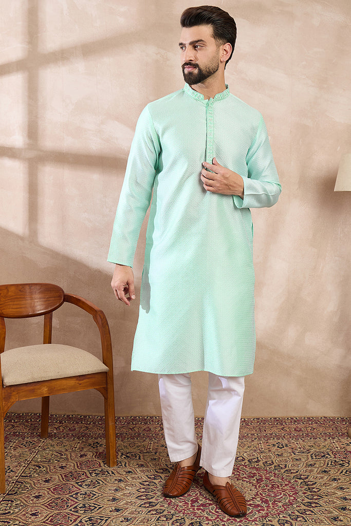 Blue Silk Blend Solid Embroidered Straight Kurta With Trouser MKSET1734