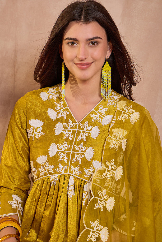 Mustard Silk Blend Solid Embroidered A-Line Kurta Trouser With Dupatta PKSKD2825