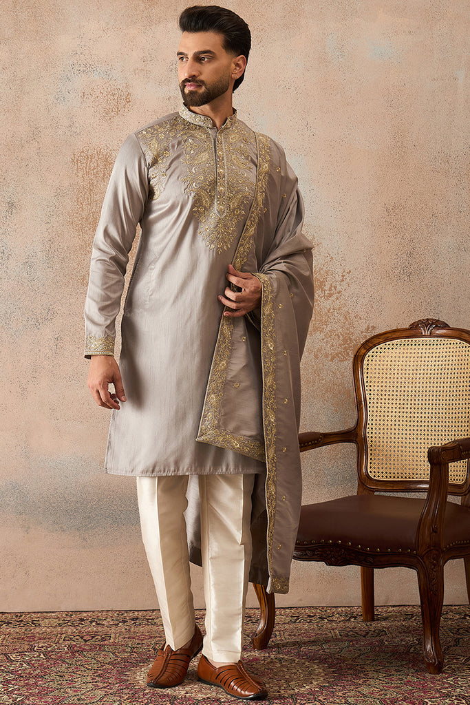 Grey Silk Blend Embroidered Ethnic Kurta with Trousers & Dupatta MKPD1044
