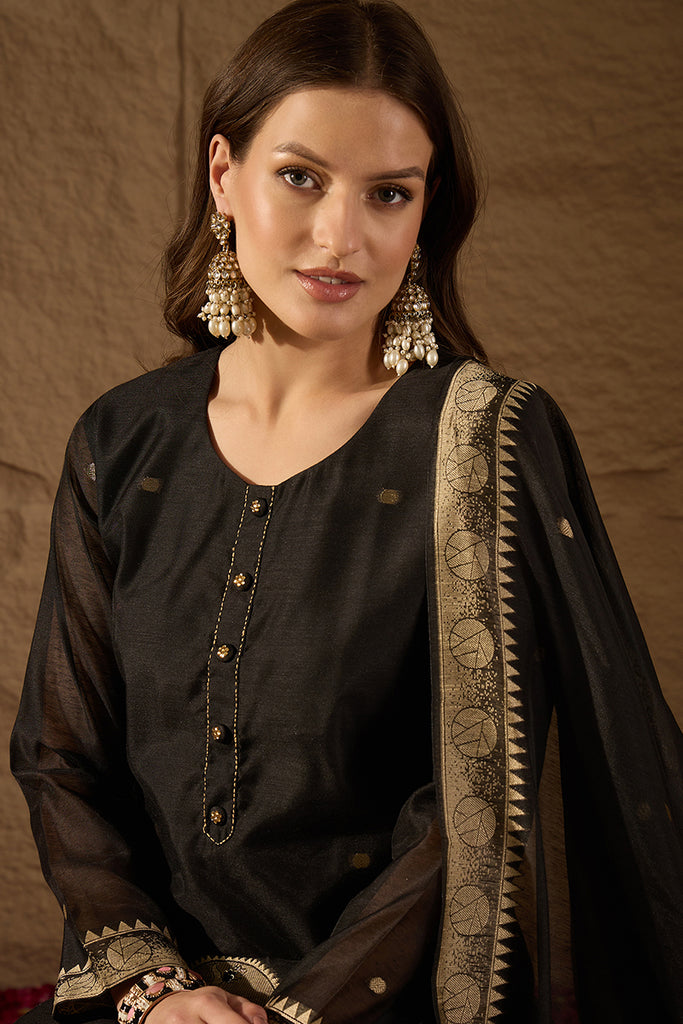 Black Chanderi Solid Woven Design Straight Kurta Trousers With Dupatta SKSKD3069