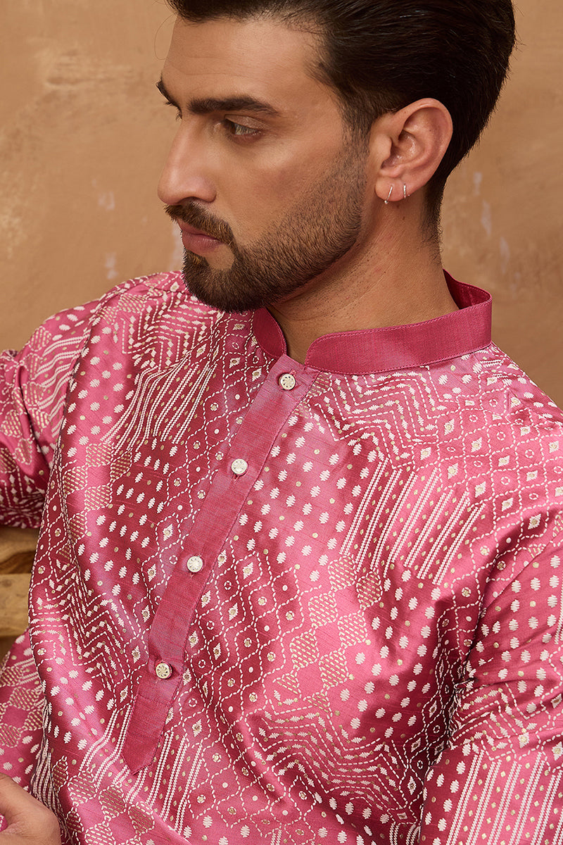 Pink Silk Blend Geometric Printed Straight Kurta With Pant Set MKSET1526