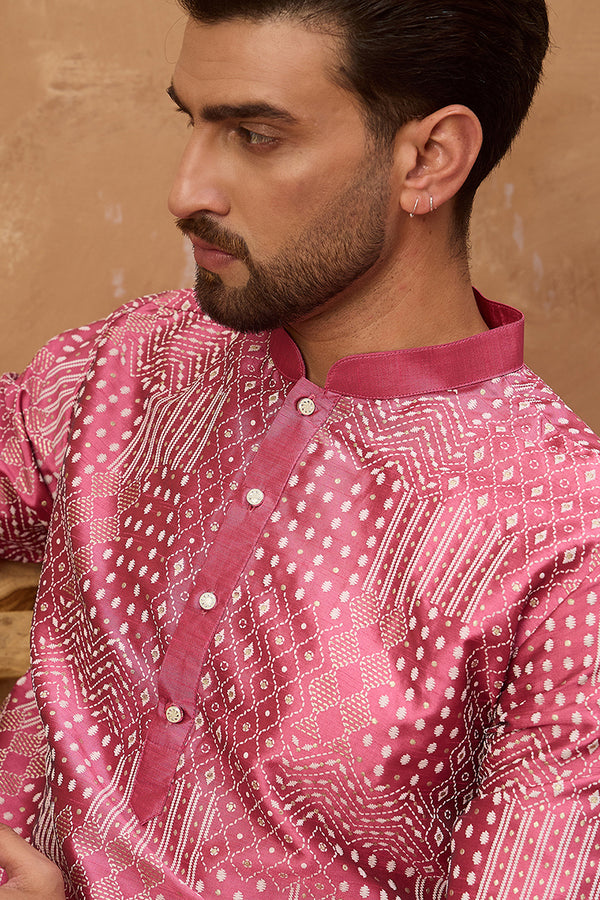 Pink Silk Blend Geometric Printed Straight Kurta With Pant Set MKSET1526
