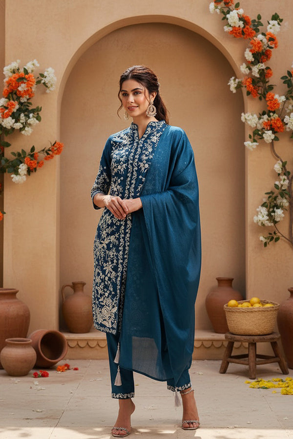 Teal Blue Silk Blend Solid Embroidered Straight Suit Set PKSKD2216
