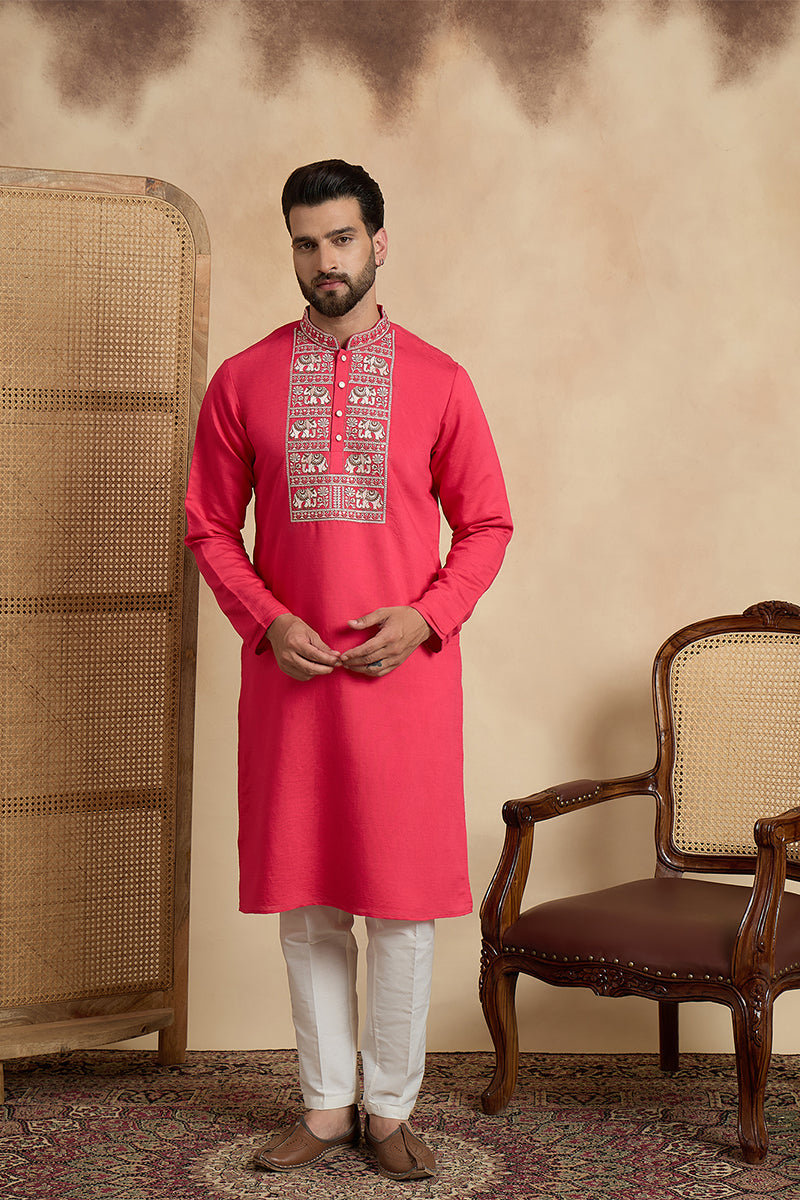 Pink Viscose Rayon Solid Embroidered Thread Work Kurta With Trouser MKSET2459