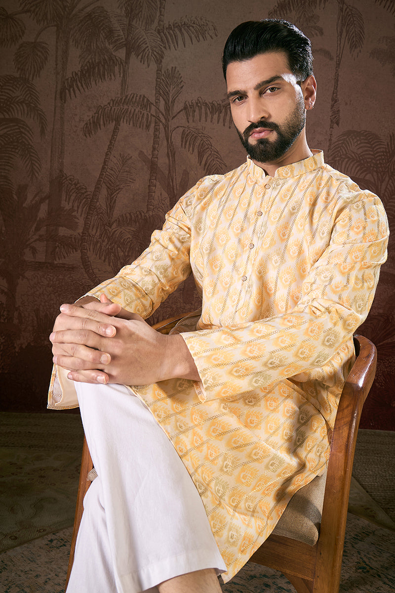 White Silk Blend Ethnic Motifs Printed Straight Kurta MKU1914